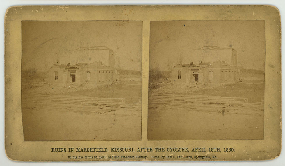 A stereoview photograph of the devastation following the Marshfield tornado, April 18, 1880. Photographed by Tom C. Strickland. Image courtesy Robert Piland.