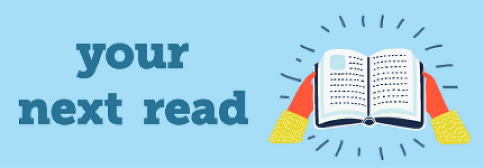 Text reading "your next read" on a blue background with bands holding an open book.