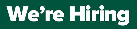 Text reading "We're Hiring" on a green background.