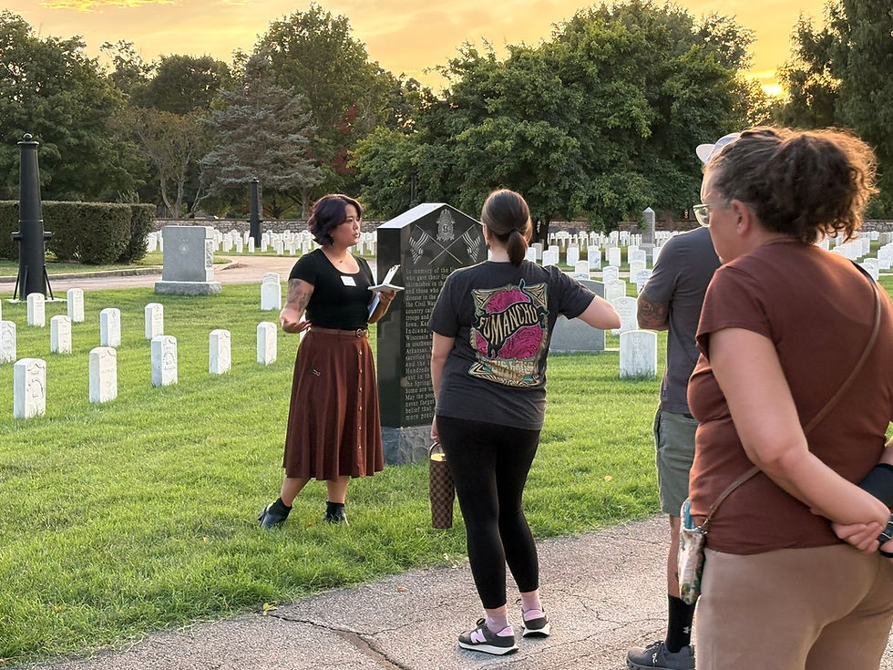 Local History & Genealogy Historian Ashley Morrill leads a tour through the Springfield National Cemetery as part of the Remembering the Civil War in Missouri series.