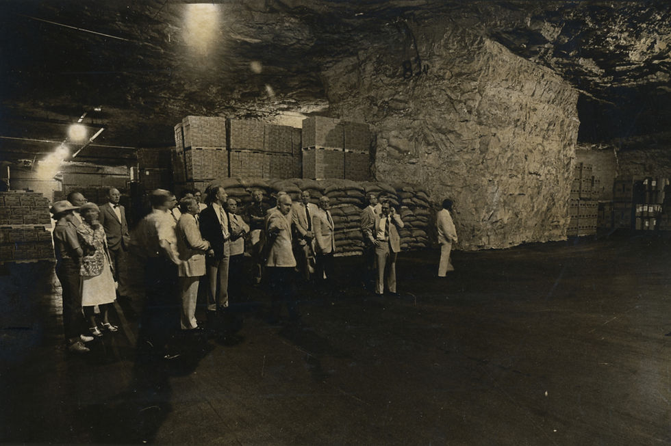 A large group of well dressed officials tour an underground storage space. The walls and ceilings are limestone and the floor is concrete.