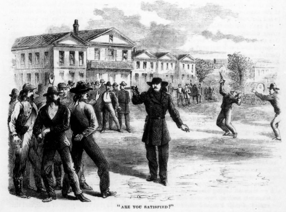 An illustration of the aftermath of the Hickok-Tutt shootout. Hickok is depicted threatening a group of men with a revolver and shouting, "Are you satisfied?" Tutt is seen in the background, collapsing to the ground with a pistol in hand.