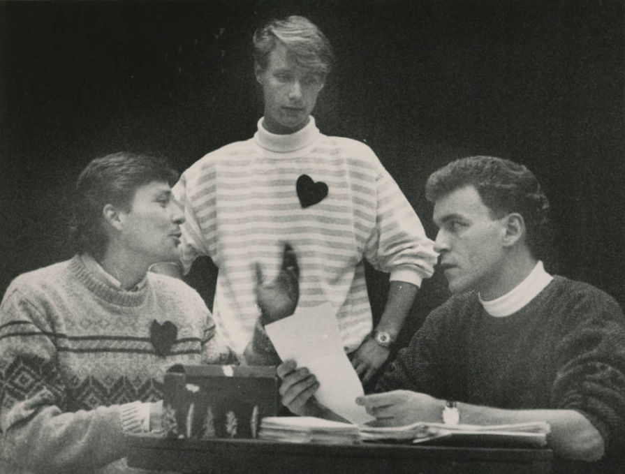Tim Casto, David Young, and Justin Bilyeu rehearse a scene from The Normal Heart.