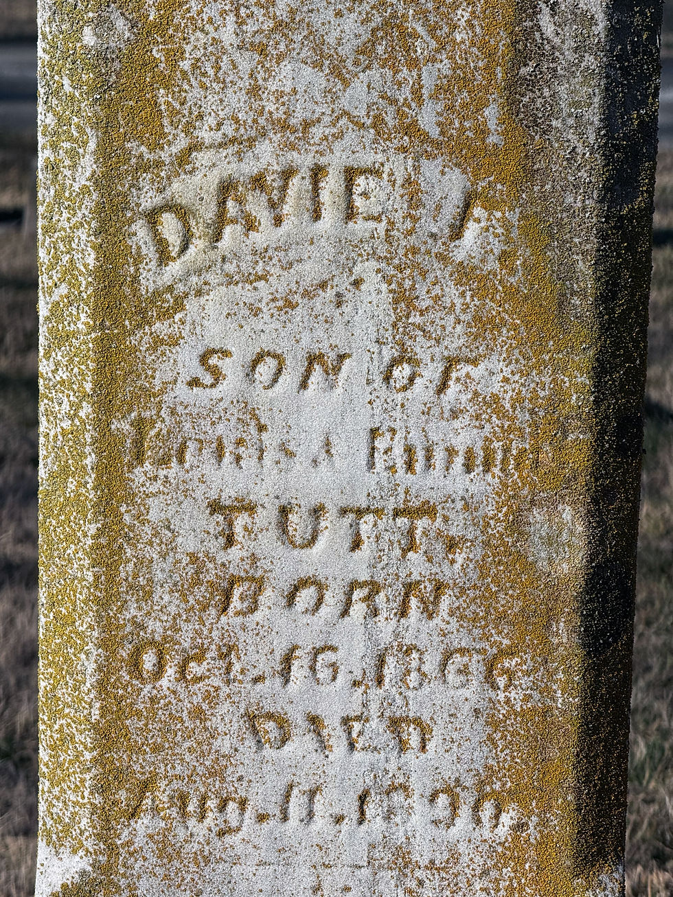 Davie Tutt's side of the Tutt family headstone. It is crusted over with lichen. Text reads:
Davie F.
SON OF
Lewis & Emma
TUTT
BORN
Oct. 16 1866
DIED
Aug. 11. 1890.