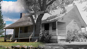 A split-view of the Ray House. The left side of is a contemporary color photograph; the right side is a black and white photograph from the 1950s.