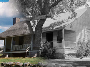 A split-view of the Ray House. The left side of is a contemporary color photograph; the right side is a black and white photograph from the 1950s.