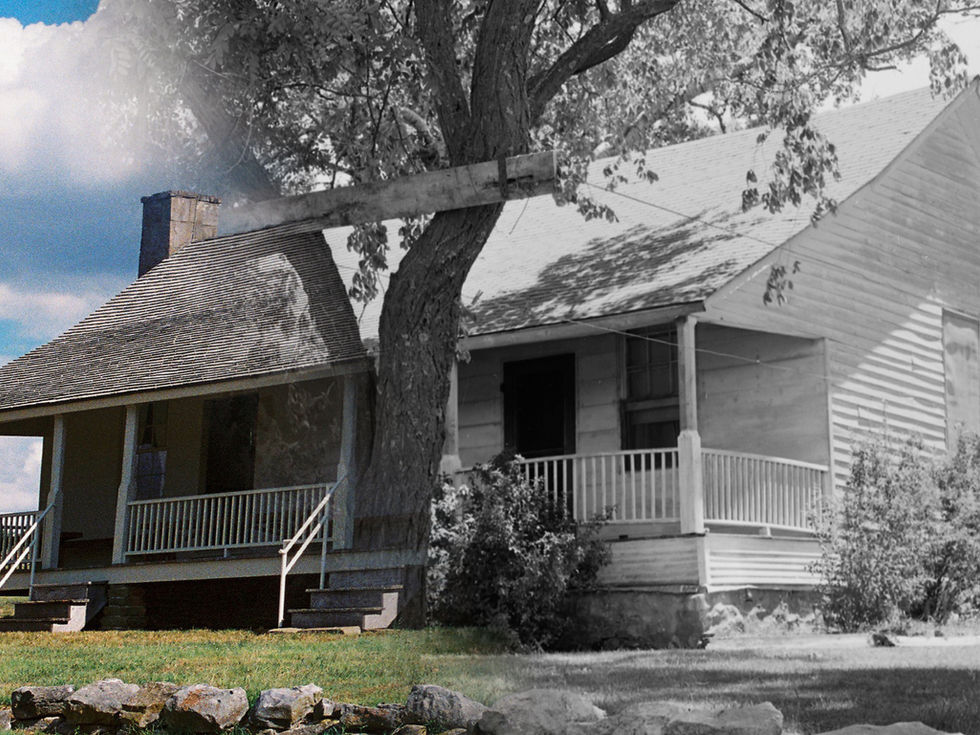 A split-view of the Ray House. The left side of is a contemporary color photograph; the right side is a black and white photograph from the 1950s.