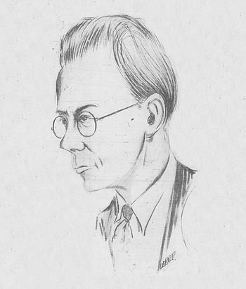 A sketch of Omar Palmer or "the Wizard of Oto" by Charles Werner. In this sketch, Palmer is depicted as a middle-aged White man with glasses, short hair, and is wearing a suit jacket and tie.