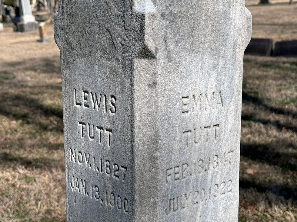 Lewis and Emma Tutt's sides of the Tutt family headstone. The stone has been cleared of biological growth and cleaned. Text reads:
LEWIS TUTT
NOV. 1. 1827
JAN 13. 1900
EMMA TUTT
FEB 18. 1847
JULY 20. 1922