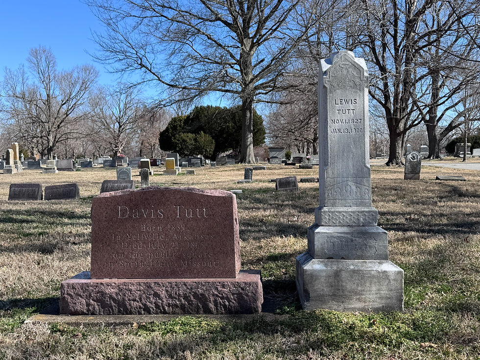 The headstones of Davis Tutt and Lewis Tutt at Maple Park Cemetery. Lewis's headstone has been cleaned.