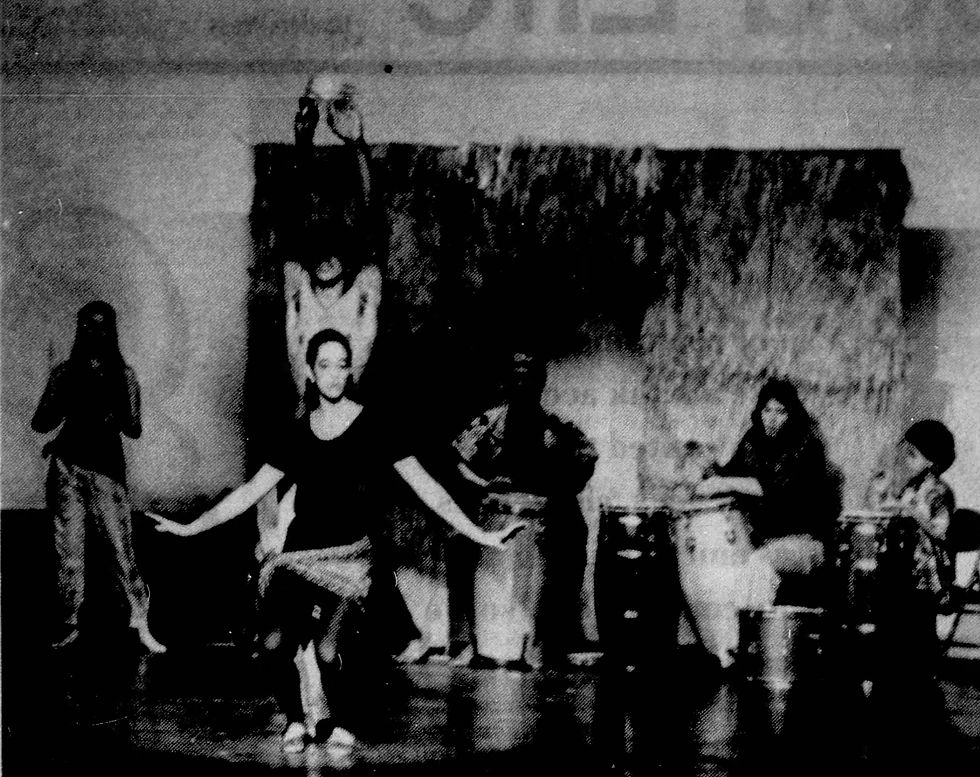 Dancers and musicians perform traditional music in Carrington Auditorium at SMS for Black Culture Week.