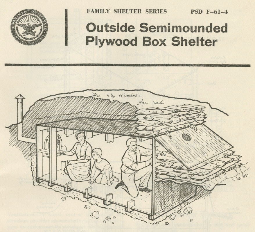 An illustrated cross-section of an "Outside Semimounded Plywood Box Shelter." A man, woman, and child sit inside of the shelter.