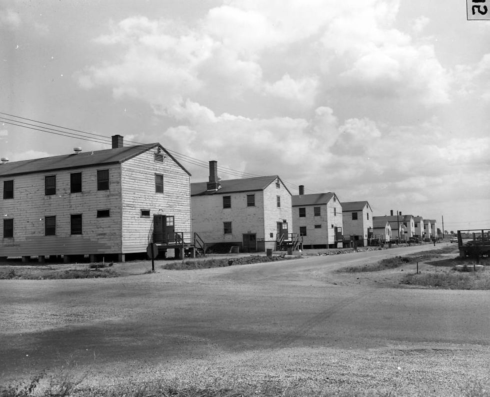 A row of identical barracks at Camp Crowder in Neosho.