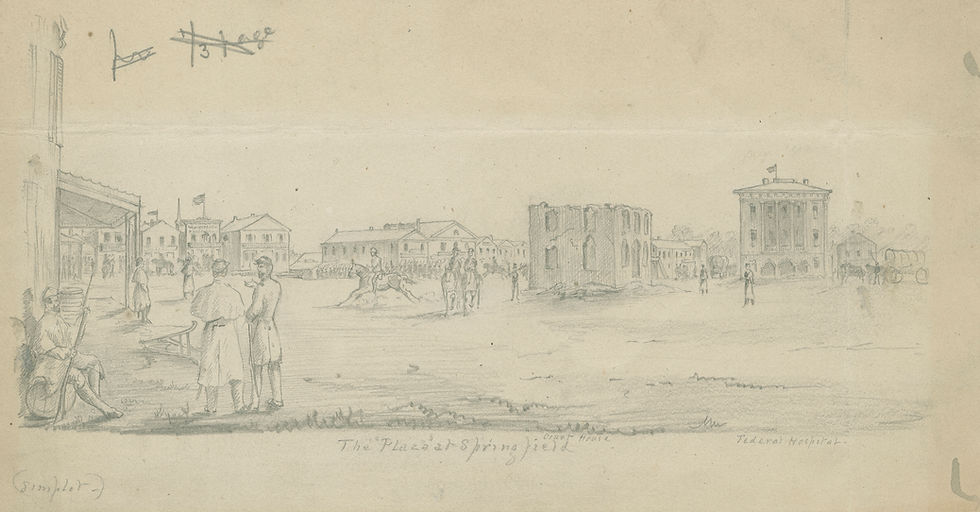 A sketch of Springfield, Missouri's public square in 1861. Soldiers are depicted milling about the square, some on horseback. The burned ruins of the old court house are in the middle ground. To its right, in the background, is the new Greene County Courthouse. Text on bottom of illustration reads: "The Plaza of Springfield."