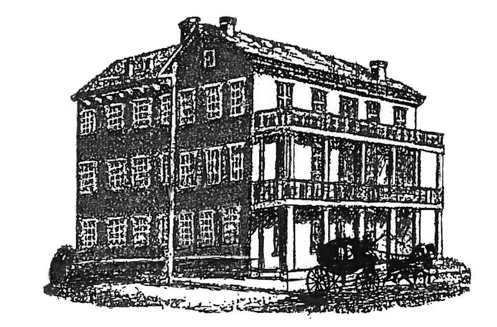 An illustration of the Lyon House. The building has three stories, each with their own porch. A horse and carriage are outside of the front of the building.