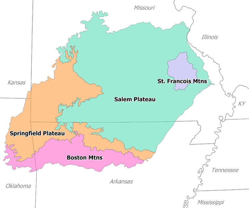A map of the Ozarks with its various subregions. At the western edge of the Ozarks is the Springfield Plateau, which begins in northeastern Oklahoma and extends into southwest Missouri and north-central Arkansas. To the south, the Boston Mountains constitute the fringe of the Ozarks, extending from northeastern Oklahoma and into north-central Arkansas. The Salem Plateau constitutes the majority of the Ozarks, with its southern reaches bordering on the northern part of the Springfield Plateau in Arkansas and extended up through south and central Missouri. The northern edge of the Salem Plateau roughly corresponds with the Missouri River, and its eastern edge extends to just west of Cape Girardeau. Within the Salem Plateau are the St. Francois Mountains, which cover a relatively small portion of southeastern Missouri.