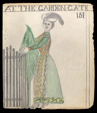 Electric Pencil drawing 151. Full-length portrait of woman in late 19th century/early 20th century dress. Text reads: "At the Garden Gate."