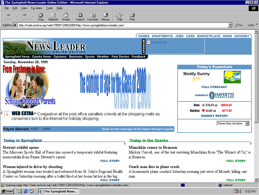 The Springfield News-Leader's website as it appeared November 29, 1999.  Stories include "The coming of age for the Class of 2000," coverage of Payne Stewart's death, and local injuries and accidents.
