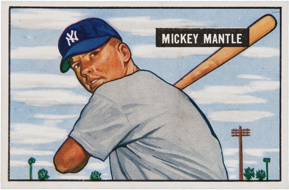 Mickey Mantle's 1951 Bowman Gum rookie card. Mantle is illustrated in a colorful thick-line drawing holding a baseball hat and wearing a Yankees cap.