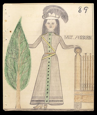 Electric Pencil drawing 89. Full-length portrait of woman in late 19th century/early 20th century dress. Text reads "Miss Ausburn."