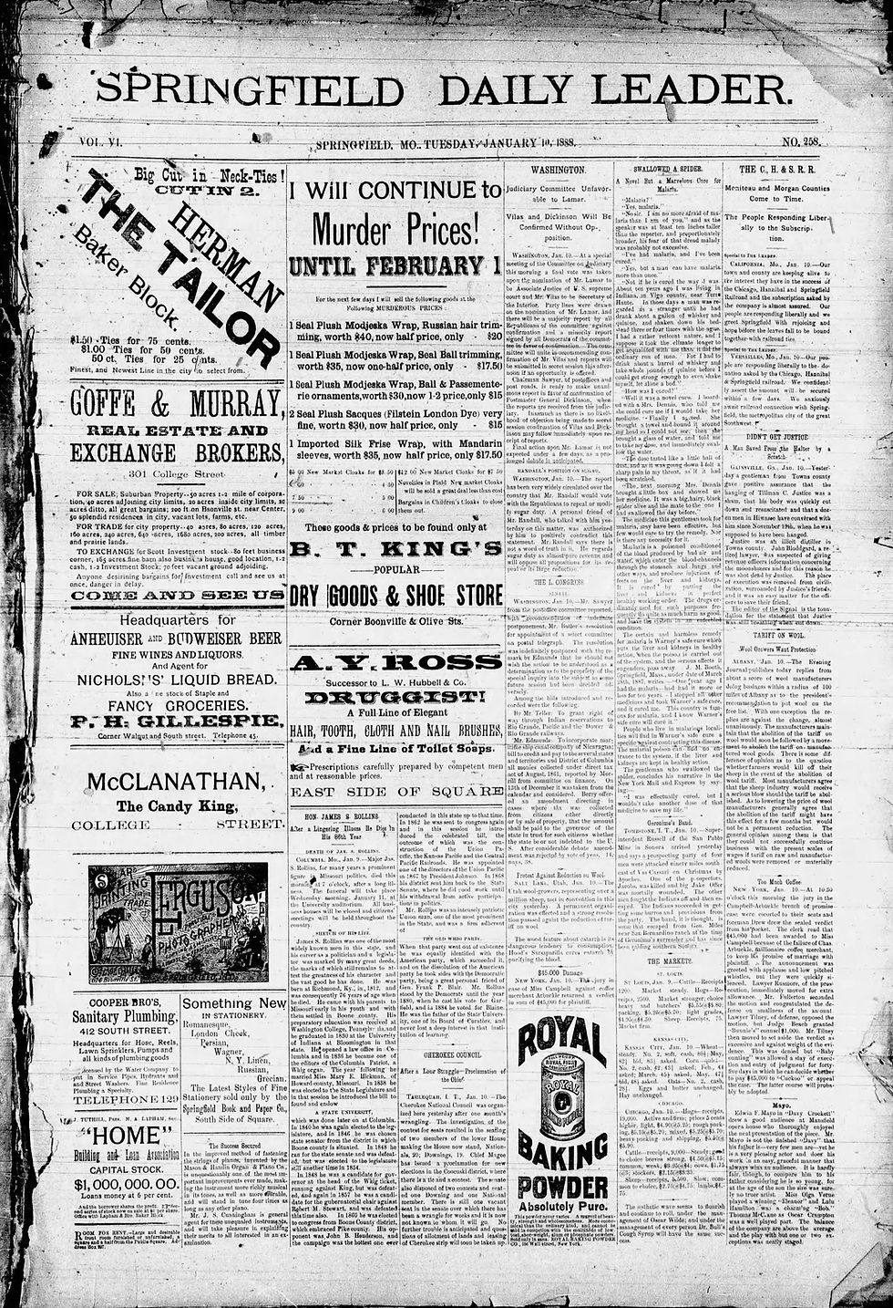 The front page of the January 10, 1888 issue of the Springfield Daily Leader. The page features bold headlines, ads for tailors, real estate, and more.