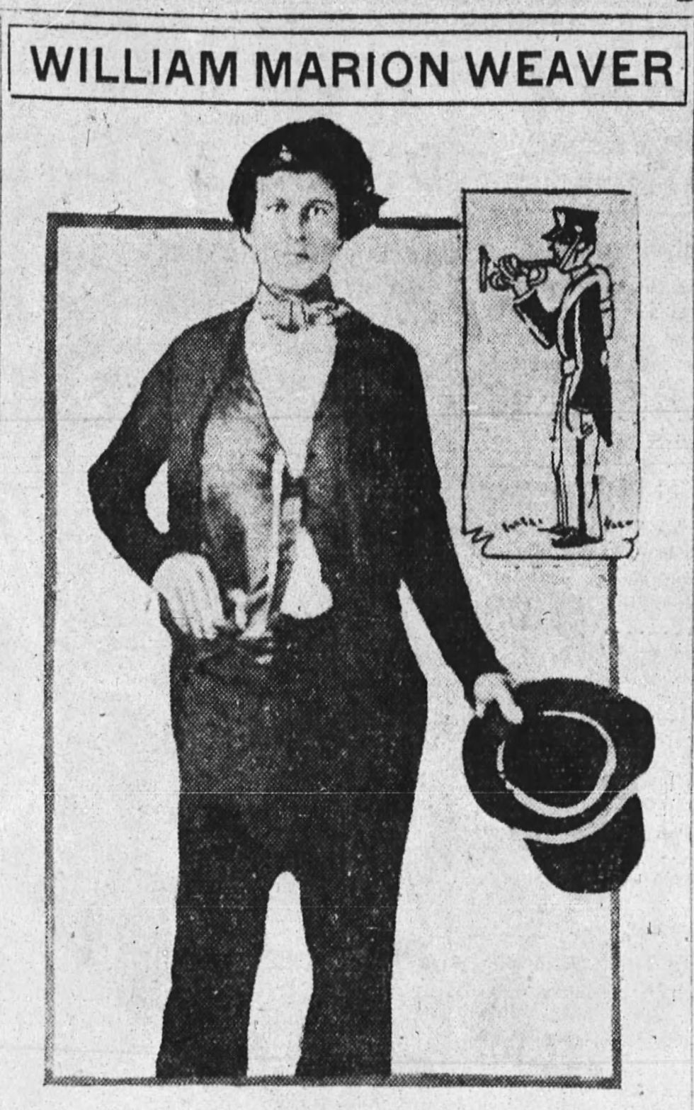 A clipping from a newspaper article on the life of William Marion Weaver. Text at top reads "William Marion Weaver." A cutout daguerreotype of Weaver at 17 appears next to a side-on illustration of a bugler. Weaver is dressed in bugler regalia.