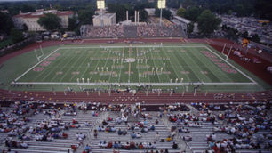 The SMS marching band performing at Plaster Stadium.