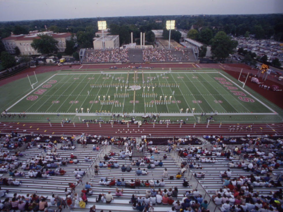 The SMS marching band performing at Plaster Stadium.