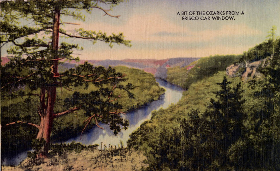 An illustrated postcard sold by the Mid-West Map Company of Aurora, Missouri, circa 1930. The postcard depicts a bucolic Ozarks scene--a view from the top of a bluff, looking down upon a forested landscape bisected by a river. A cedar tree fills the left side of the image. Text on the postcard reads "A Bit of the Ozarks from a Frisco Car Window."