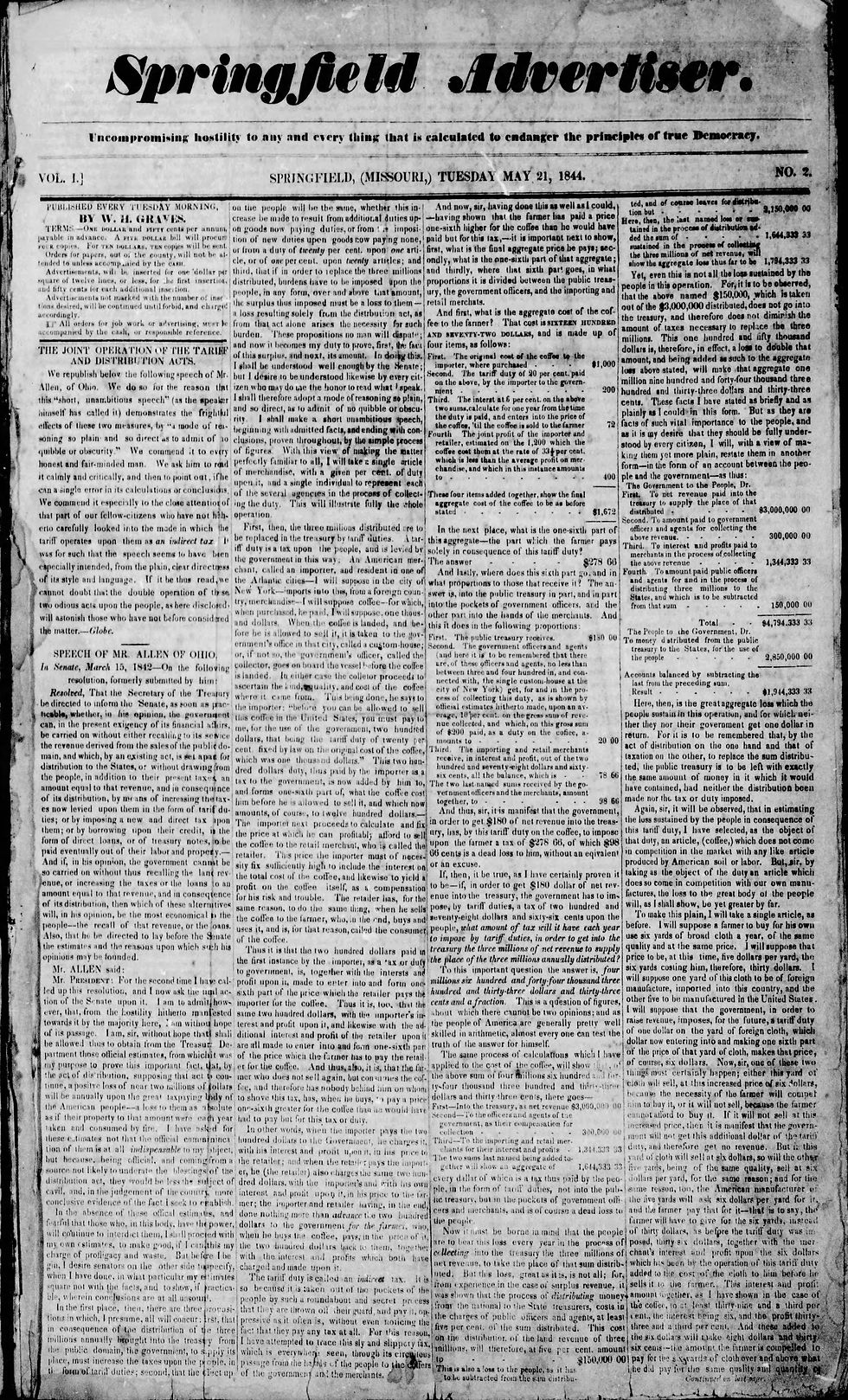 Front page of Springfield Advertiser, May 21, 1844. Text-heavy newspaper with bold headline and articles discussing economic and political topics.