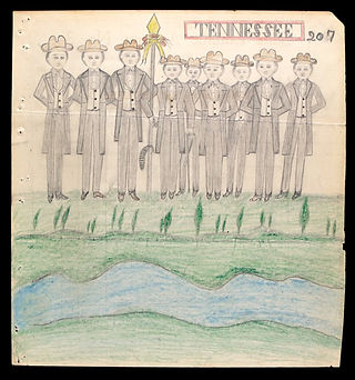 Electric Pencil drawing 207. Several men in suits stand near a river. Text reads: "Tennessee."