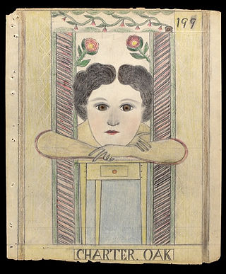 Electric Pencil drawing 199. Portrait of a woman leaning through a doorframe. Text reads "Charter Oak."