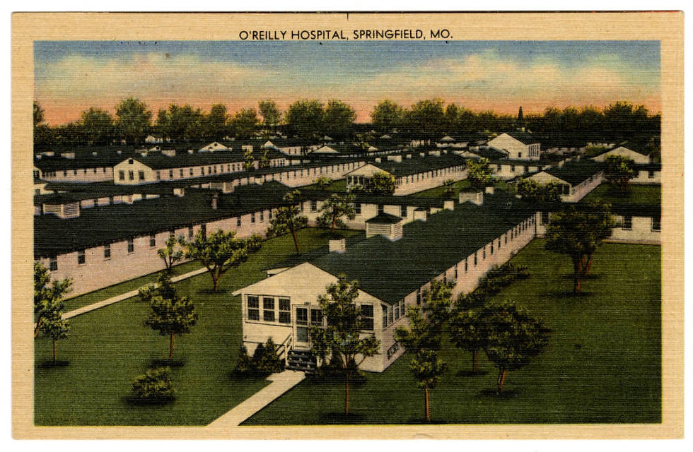 A postcard depicting various buildings on the campus of O'Reilly General Hospital.