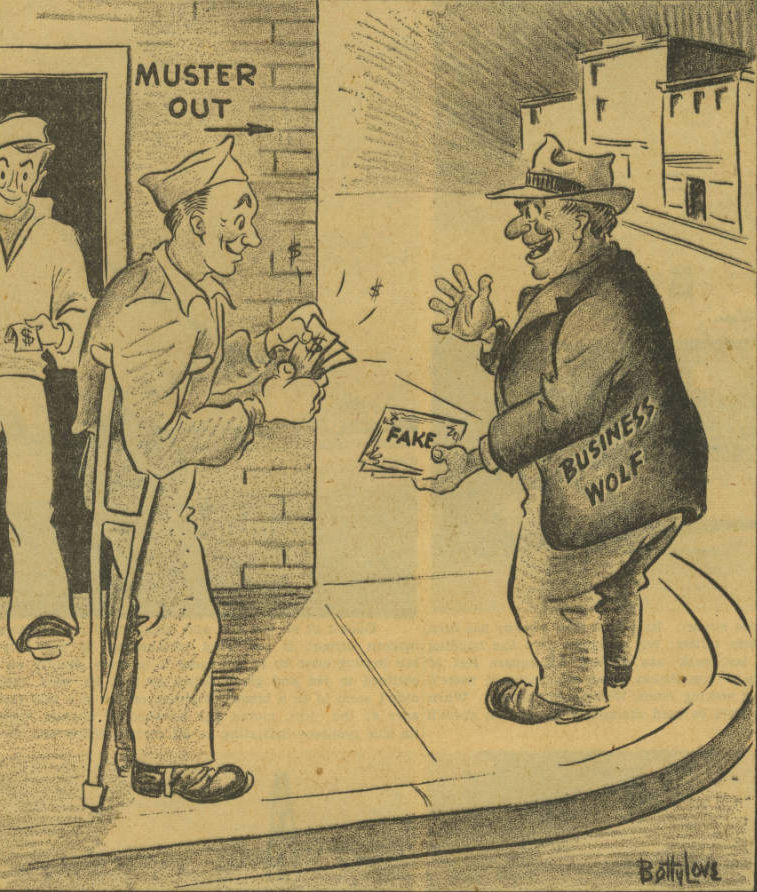 A cartoon illustration of recently mustered soldiers leaving an army office with cash in hand. An older, heavyset man labelled "Business Wolf" stands ready to meet them, offering them a package labelled "Fake."