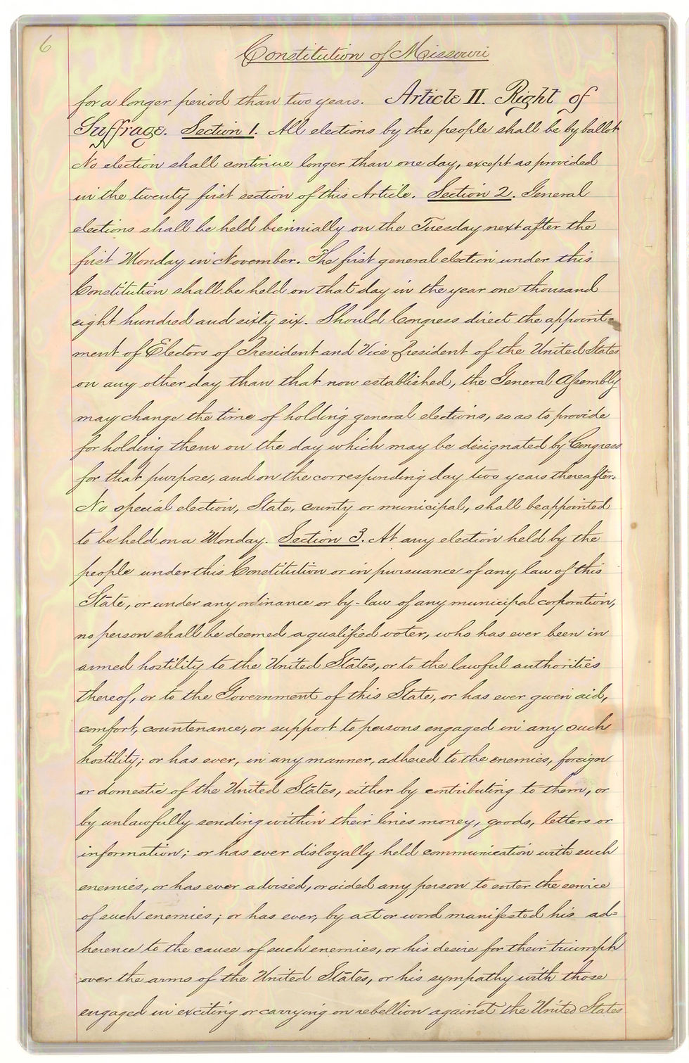 A portion of Article 2 of the 1865 Missouri Constitution. The text of the article lists 86 actions which constituted supporting the Confederacy.