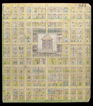 Electric Pencil drawing 255. An overhead view of a grid of buildings centered around a larger structure.