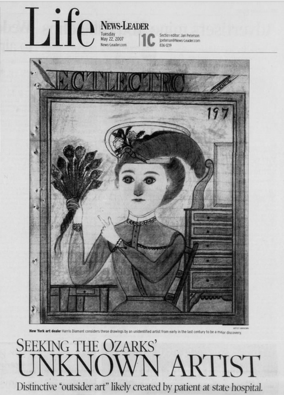An image of Sony Hocklander's May 2007 article about the Electric Pencil. One of the Electric Pencil's drawings is featured--a woman in late 19th century garb sits, pointing to a handful of peacock feathers. The style is distinctive--wide eyes, smudged noses, detailed clothing. Text reads: "Seeking the Ozarks' unknown artist. Distinctive 'outsider art' likely created by patient at state hospital."
