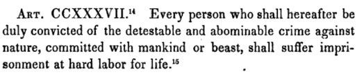 Screenshot of text from A Digest of the Penal Law of the State of Louisiana, Analytically Arranged. Text reads: "Art. CCXXXVII. Every person who shall hereafter be duly convicted of the detestable and abominable crime against nature, committed with mankind or beast, shall suffer imprisonment at hard labor for life.