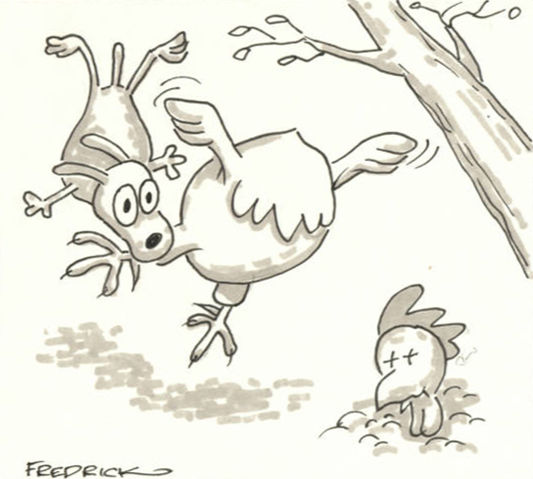 A cartoon illustration of a dog attacking a headless chicken. The chicken's body is flying away, lifting the dog off of the ground, while its lifeless head sits nearby.