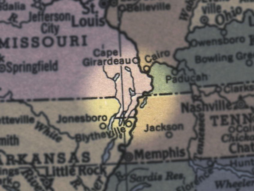 A map of the Missouri Bootheel and its surroundings.