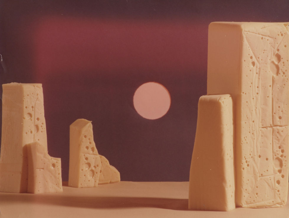 Pieces of cheese arranged on a table in a scene evocative of a desert landscape.