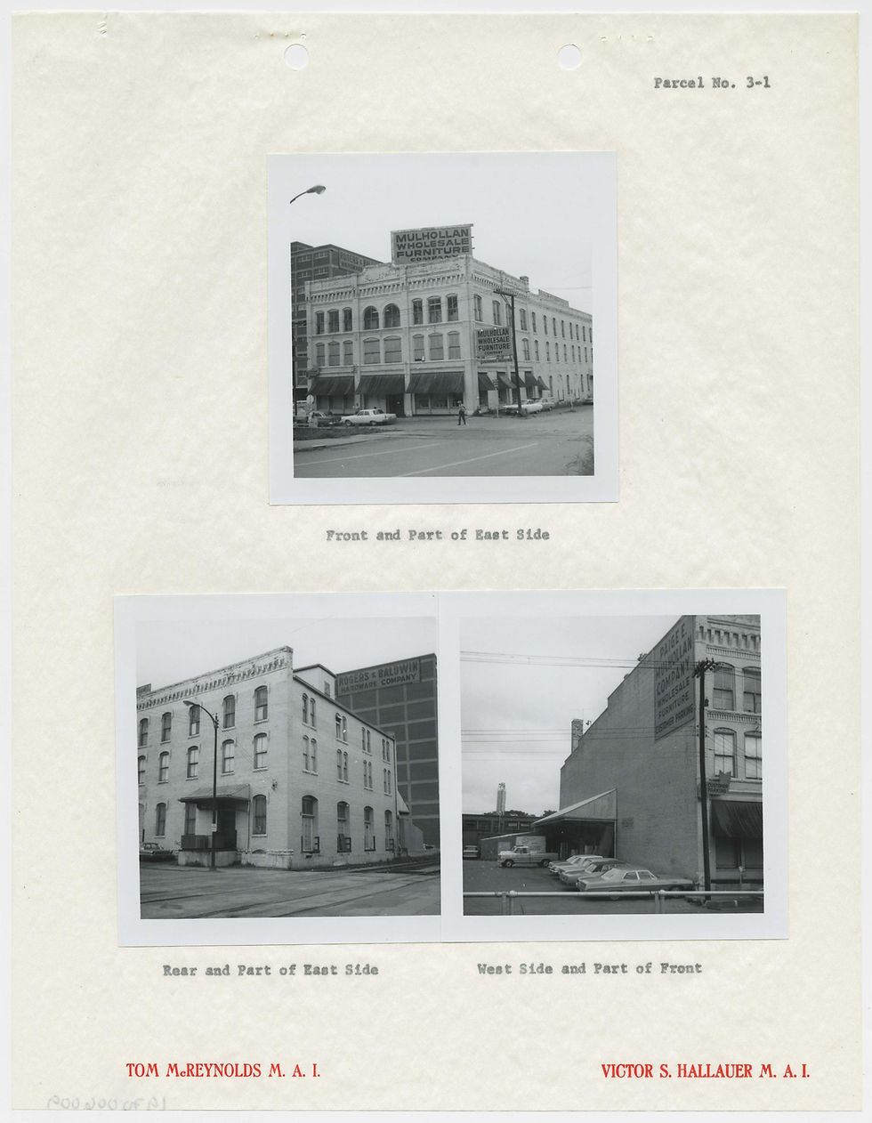 A page from the Land Clearance records collection with three angles of a downtown building.