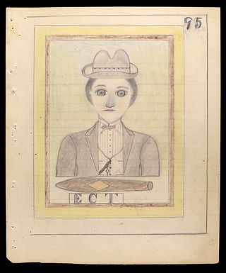 Electric Pencil drawing 95. Portrait of a man in a fedora above cigar shaped object. Text reads "ECT."