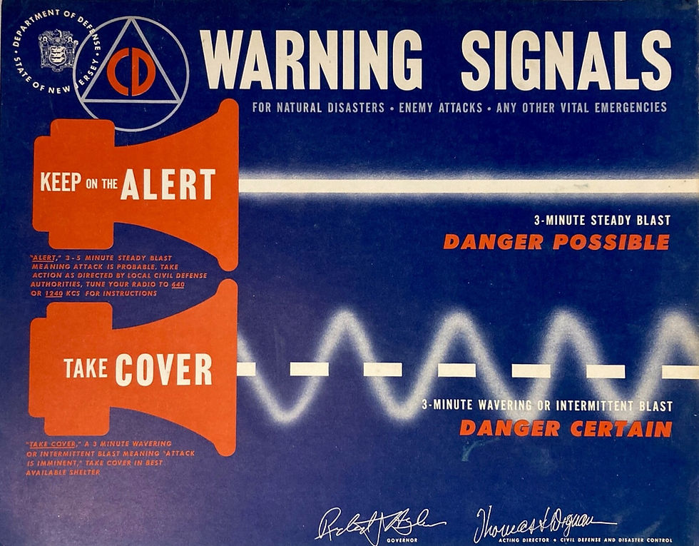 An infographic sign from the Office of Civil Defense detailing the different siren types that one might hear in the event of a nuclear strike. The text reads: "Warning Signals for Natural Disasters, Enemy Attacks, Any Other Vital Emergencies.
Keep on the Alert: 3-minute steady blast. Danger possible. "Alert," 3-5 minute steady blast meaning attack is probably. Take action as directed by local Civil Defense authorities, tune your radio to 640 or 1240 KCS for instructions.
Take Cover: 3-minute wavering or intermittent blast. Danger certain. "Take cover," a 3 minute wavering or intermittent blast meaning "attack is imminent," take cover in best available shelter."