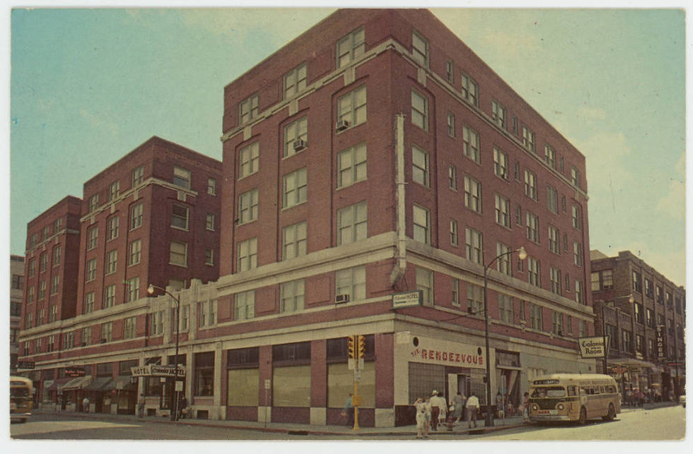 A postcard depicting the Colonial Hotel. The Rendezvous Lounge is visible.