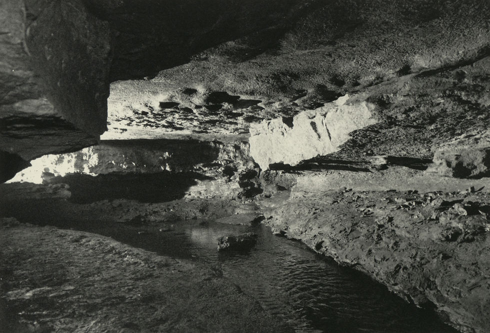 A black and white photograph of a watercourse within Doling Park Cave. Sunlight enters the cave from the left of the frame, casting shadows across the limestone features within.