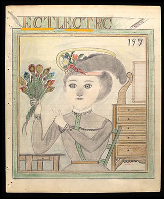 Electric Pencil drawing 197. Portrait of seated woman clutching handful of peacock feathers. Text reads: "ECTLECTRC."