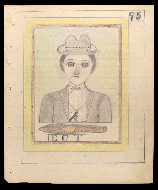 Electric Pencil drawing number 95. Image depicts a man in a fedora above a cigar shaped object. Letters below object read "ECT."