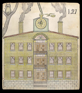Electric Pencil drawing 127. Front view of a three story building labeled "Silver Smith." An oversized pocket watch adorns the building like a clock.