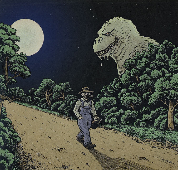An illustration of a jimplicute--a giant, bipedal, ghostly reptile--looming over an Ozarks road at night.
